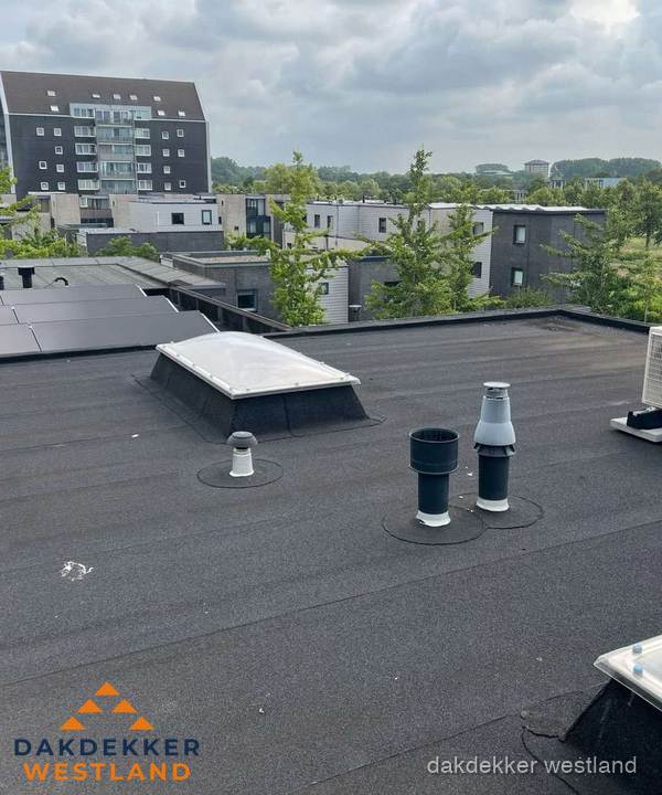 Groot plat dak met lichtkoepel en dakdoorvoeren in Westland