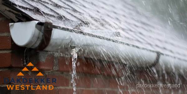 Lekkende dakgoot tijdens regenval in Westland Lekkende dakgoot tijdens regenval in Westland